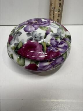 Victoria’s Garden Floral Porcelain Covered Trinket Dish Footed 4"